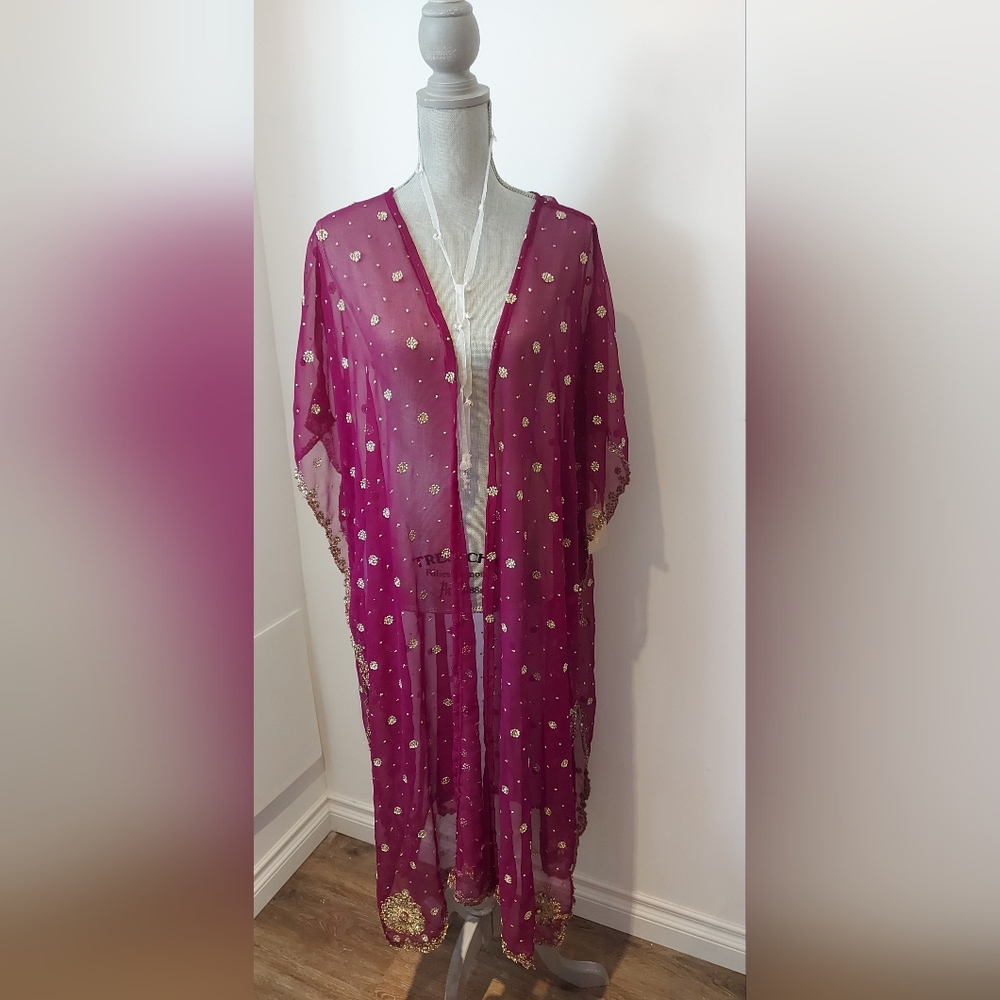 Sheer Mauve Kimono with Gold Beaded Accents